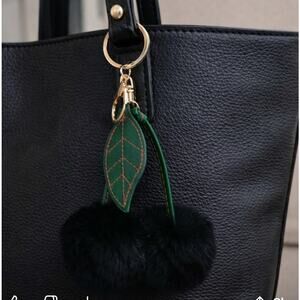 Black Fuzzy Pom Pom Cherry Bag Charm Key Chain New